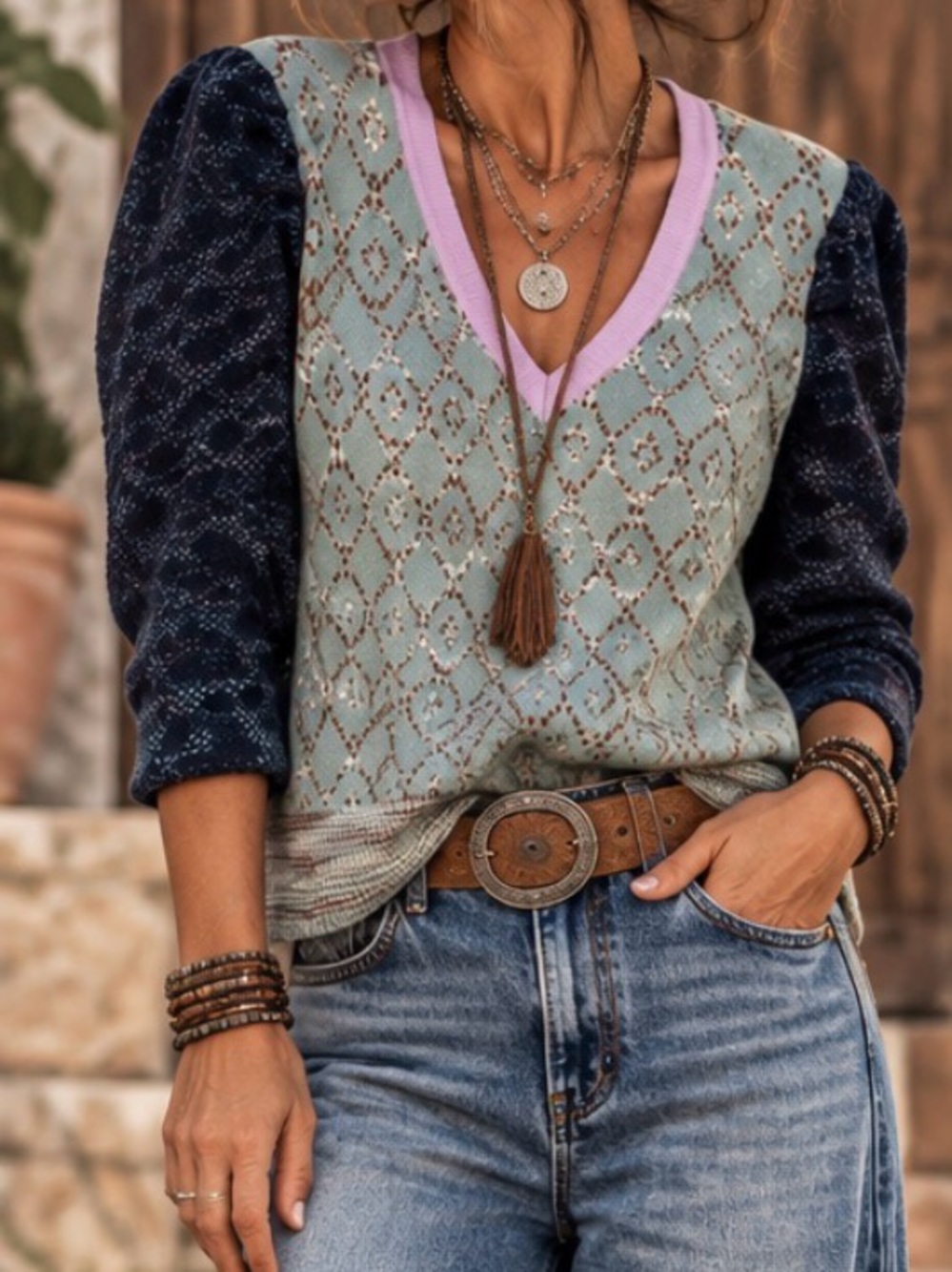 Anthropologie Sage & Navy V-Neck Patchwork Knit Sweater Vest with Lilac Trim